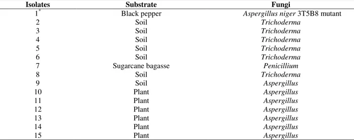 Table 1 – Fungi isolated from diverse substrates.  
