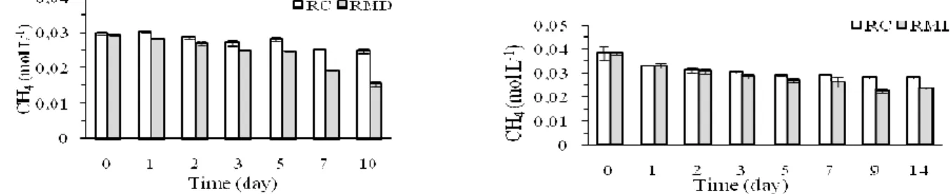 Figure 5 - Time-variation of methane concentration in the headspaces ethanotrophic/denitrificant  reactors (RMD) and in the control reactors (RC)