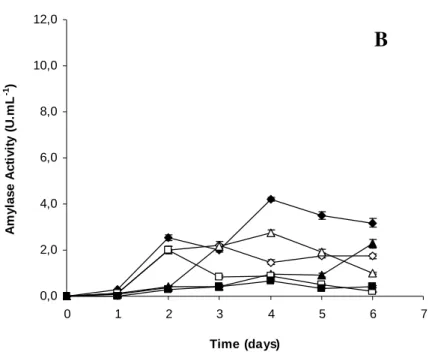 Figure 1 - Fermentation time for amylase production by Streptomyces sp. SLBA-08 strain at 28 o C  on culture  media containing (A)  sisal  waste and (B) sugarcane bagasse as  the carbon  source  in  three  different  concentrations,  and  urea  as  the  ni