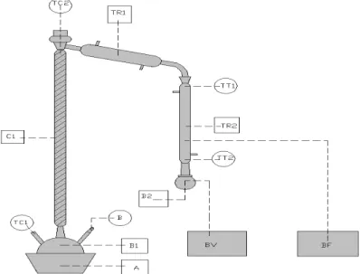 Figure 1- Schematic diagram of the vacuum distillation apparatus: B1 - round bottom flask; C1 –  packed column; TR1 and TR2 – condenser, B2 – sample flask, BV – vacuum pump; BF  – thermostatic bath, TC1, TC2 – temperature controllers