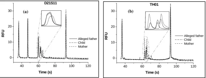 Figure  1  - Overlays  of  electropherograms  of  loci  D21S11  (a)  and  TH01  (b)  for  paternity  case  #  1