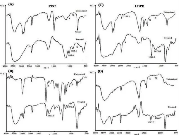 Figure 3 - Comparative FT-IR spectra of consortium treated PVC (A) and LDPE (C) powder in vitro  and consortium treated PVC (B) and LDPE (D) film in natural conditions with reference to  their controls