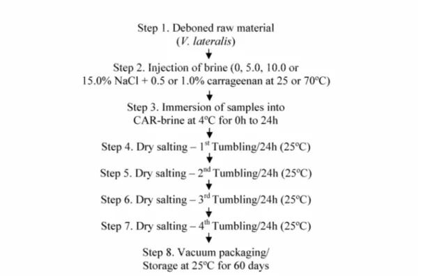 Figure 1 – Fluxogram showing step-by-step jerked beef processing injected with carrageenan in brine  solution (based in Shimokomaki et al