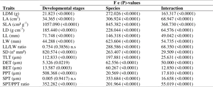 Table 2 - Two-way analysis of variance of morphological and anatomical traits.  