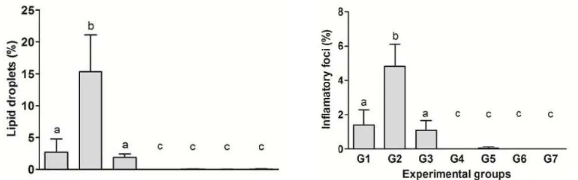 Figure 3 - Distribution of lipid droplets and inflammatory foci in the liver tissue from rats exposed to  CCl 4 (60% v/v, 1 mL/kg) and treated with the bark extract of Bathysa cuspidata (200 and  400 mg/kg)