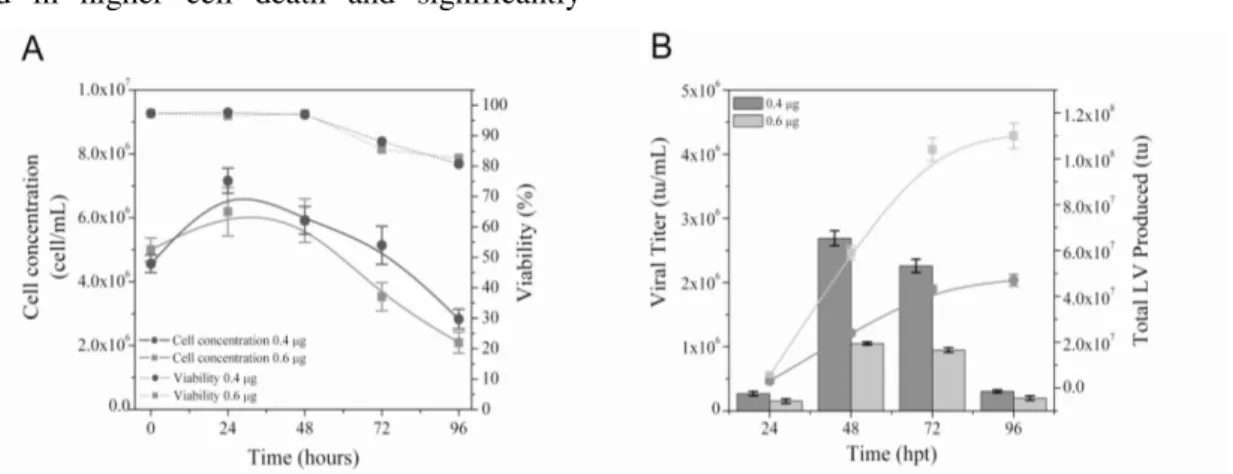 Figure 2 - Effect of DNA concentration in cell density (A), FVIII-LV volumetric (Bars) and cumulative (Curves)  production (B)