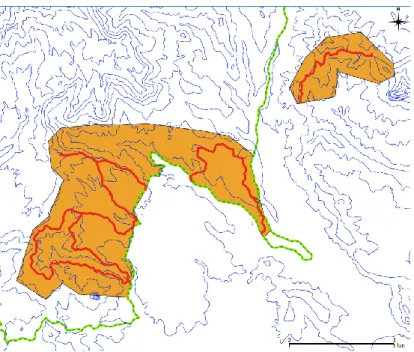 Figura 2-  Enquadramento na área de estudo da amostragem por distâncias. A área de estudo encontra-se  representada a cor-de-laranja, os transectos a vermelho, a altitude a azul e o limite do Parque Natural do Ôbo  a verde.