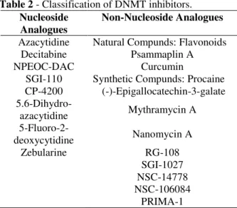 Table 2 - Classification of DNMT inhibitors. 