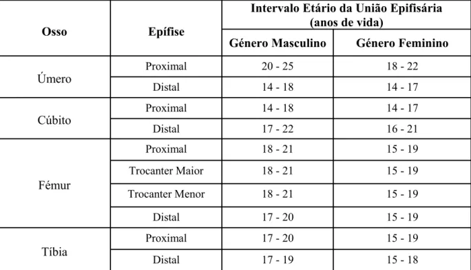 Tabela 16 - Intervalos etários da união epifisária de alguns ossos longos (adaptada e modificada                    de Ferembach, et al