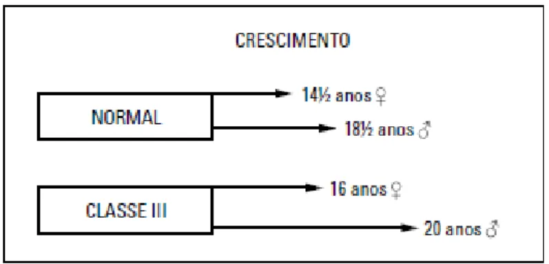 Figura 5- Tabela de comparação do crescimento normal e das más oclusões de Classes  III em relação à idade e ao sexo