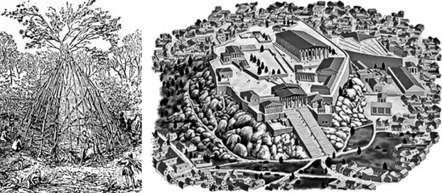 Fig. 01 e 02 – Cabana Primitiva de Viollet-Le-Duc 3   e  Plano Ateniense da Pólis Grega 4