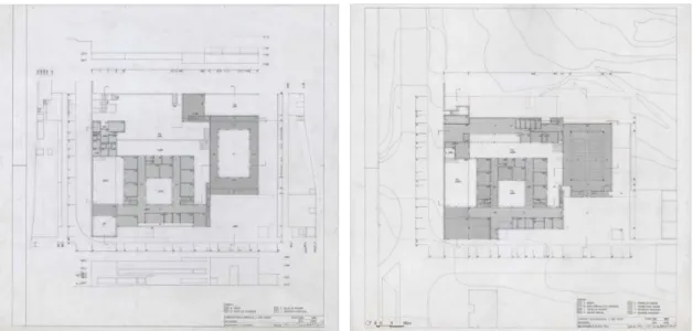 Fig. 30 e 31 – Álvaro Siza Vieira, Alçados e Plantas do Piso 0 e Piso 1, do Centro Paroquial e Igreja de  São João Bosco na Malagueira, Évora, Portugal (1988-89)