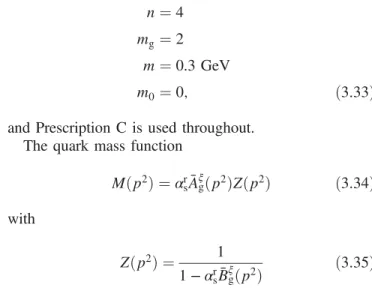 FIG. 4. The mass function M (in GeV) vs p 2 (in GeV 2 ) for ξ ¼ 3 (two solid black lines), ξ ¼ 1 (two dotted blue lines), and ξ ¼ 0 (two dashed red lines)