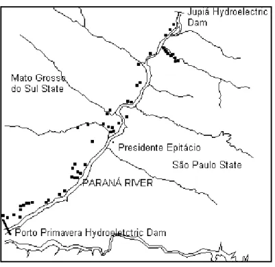 Figure 3 - The dots represent the records of marsh deer through the Paraná River basin in September of 1998.
