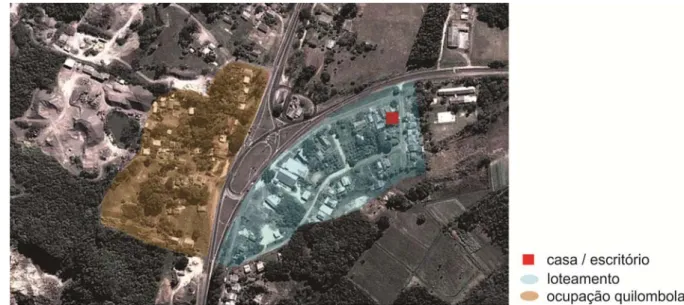Figura 3 - Imagem aérea da localidade de Morro Alto identificando as áreas de ocupação quilombola,  o loteamento feito pela prefeitura de Maquiné (de ocupação predominantemente branca) e  localizando a casa/escritório alugada pela equipe da UFRGS