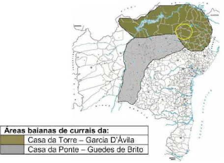 Figura 1. Áreas ocupadas pelas casas da Ponte e da Torre, com destaque para o município de  Monte Santo