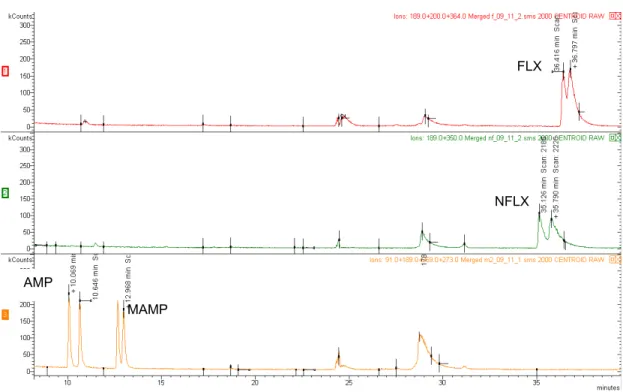 Figure 13 – Chromatograms of the diastereomers of AMP and MAMP with 0.7 (above), 1.0  (middle) and 0.8 (below) mL/min flows in GC-MS 1 system
