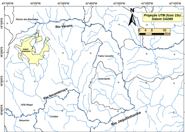 Figura 9. Imagem do satélite Landsat-TM, de 2009, com os polígonos do Assentamento  Americana e do Parque Estadual de Grão Mogol, mostrando áreas de chapada ocupadas  pela monocultura de eucalipto