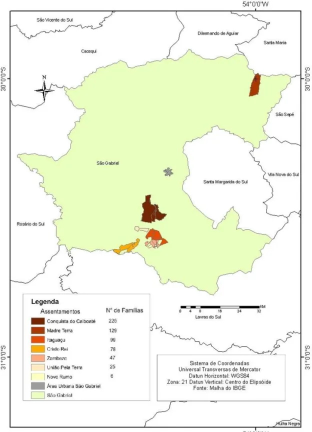 Ilustração 9 - Mapa de Localização dos Assentamentos Rurais em São Gabriel/RS formados  entre 2008  –  2011 