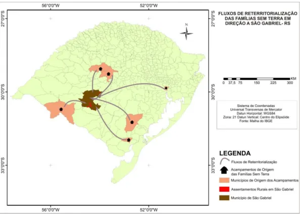 Ilustração 10 – Mapa dos Fluxos de Reterritorialização das Famílias Sem Terra em Direção a  São Gabriel/RS 