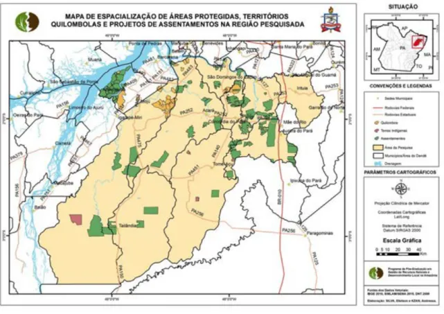 Figura 3 - Mapa de espacialização de áreas protegidas, territórios quilombolas e projetos de  assentamento na região pesquisada 