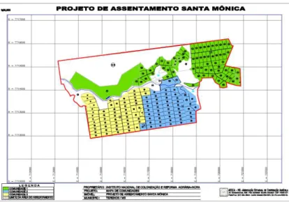 Figura 2: Mapa da organização territorial atual do assentamento Émerson Rodrigues. A área verde é a  comunidade 1 (Francisco Rosa), área azul a comunidade 2 (Eldorado dos Carajás) e a área amarela é a  comunidade 3 (Jacob Franciosi)