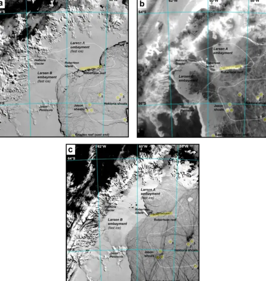 Figure 7. MODerate-resolution Imaging Spectroradiometer (MODIS, 36-band spectrometer) images showing unequivocal evidence of sev- sev-eral shoal and reef areas (yellow circle) in the northwestern Weddell Sea, based on sea ice drift and grounding of small i