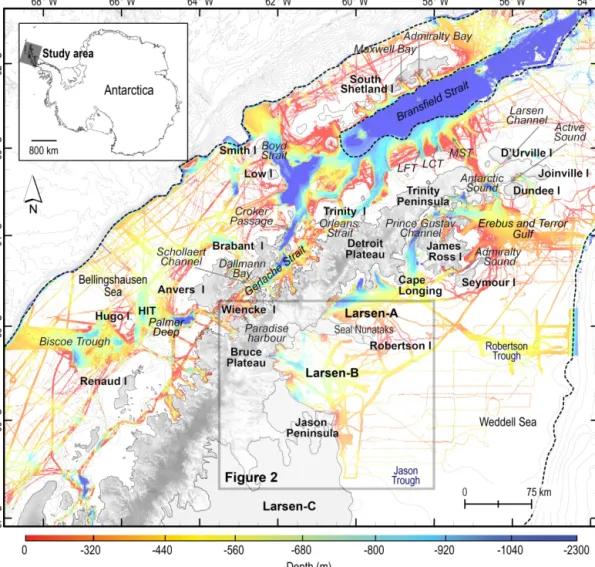 Figure 1. Location map and details of the swath bathymetry database, as compiled up to 2013, around the northern Antarctic Peninsula (AP).