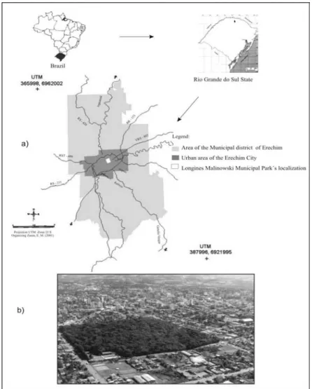 Figure 1 - a) Geographical localization of   Longines Malinowski Municipal Park (LMMP), Erechim City, Rio Grande do Sul State, Brazil; b) Aerial view of the LMMP and immediate surrounding