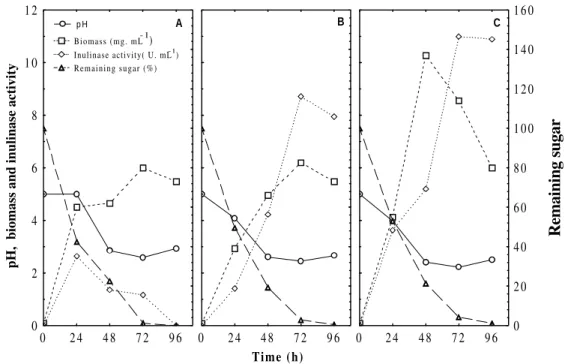 Figure 1 - pH, curves, biomass, remaining sugar and total inulinase activity of Aspergillus niveus 4128URM in medium with several inulin concentrations (10, 15 and 20 g inulin L -1 respectively for A, B and C