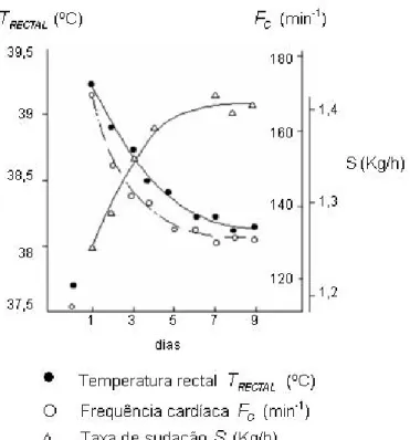 Figura 3.2.06: Variação da temperatura rectal, frequência cardíaca e taxa de sudação durante a fase de  aclimatização [adaptado de Martinet and Meyer (1999)] 