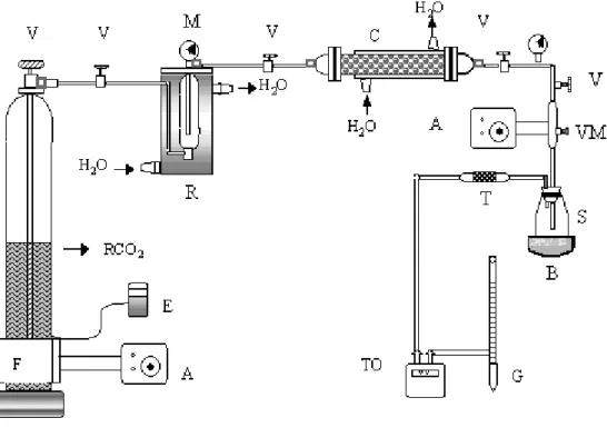 Figure 1-Extraction unit: RCO 2 = CO 2  reservoir containing a siphon and capacity of 25 kg; C = Jacketed equilibrium cell or extractor made of stainless steel with length of 0.60 m, diameter of 0.0216m and wall thickness of 0.028 m; M = Manometer type Bou