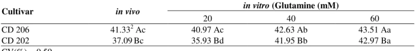 Table  2  -  Protein  content 1   (%)  of  soybean  seeds  grown  in  vitro  and  in  vivo  and  grown  during  eight  days  under  different glutamine concentrations