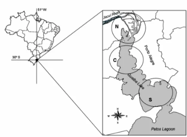 Figure  1  -  Location  of  Guaíba  Lake,  Brazil,  and  its  respective  sampling  sites:  N  =  North;  C  =  Central and S = South (Scale: 1cm=14km)