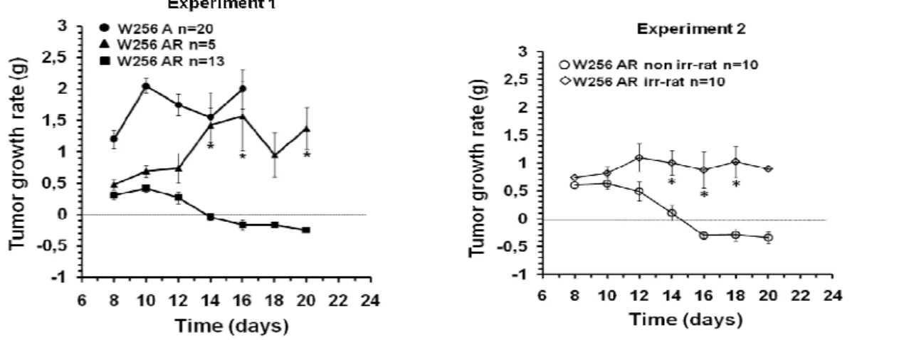 Figure  3  -  Experiment  1:  Differential  tumor  growth  rates  in  rats  receiving  sc  injection  of  4x10 6 cells  of  the  W256  A  variant  (black  circle,  n=20)  or  4x10 6   cells  of  the  W256  AR  variant (black triangle, n=5 continuous tumor 