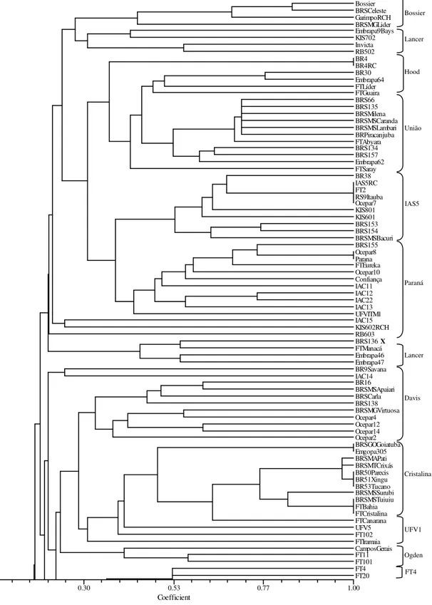 Figure 5 - Part I of dendrogram of 168 soybean cultivars revealed by UPGMA cluster analysis  of the coefficient of parentage