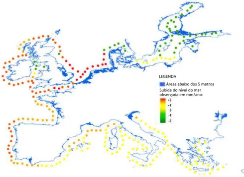 Fig. 4.1 – Exposição da zona costeira europeia à subida do nível do mar, 2001   (Fonte: adaptado de EC, 2004) 