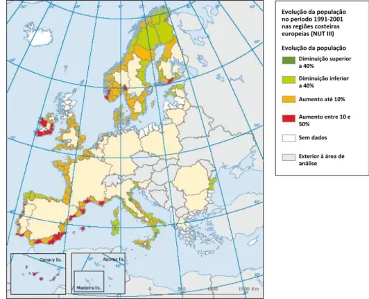 Fig. 3.6 – Evolução demográfica nas regiões costeiras europeias entre 1991 e 2001   (Fonte: adaptado de EEA, 2006[b])  