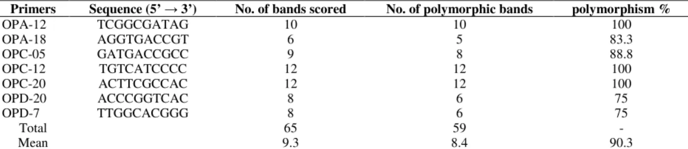 Table 2 - Nucleotide sequence, number of bands and number of polymorphic bands of each primer used for RAPD- RAPD-PCR analyses of Cattleya intermedia accesions