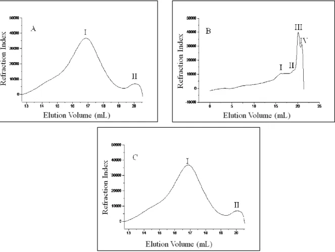 Figure  2  -  Gel  permeation  chromatography  curves  of  fractions  F  I  (A),  F  II  (B)  and  F  III  (C)  obtained  on  a  DEAE-cellulose  column  for  C