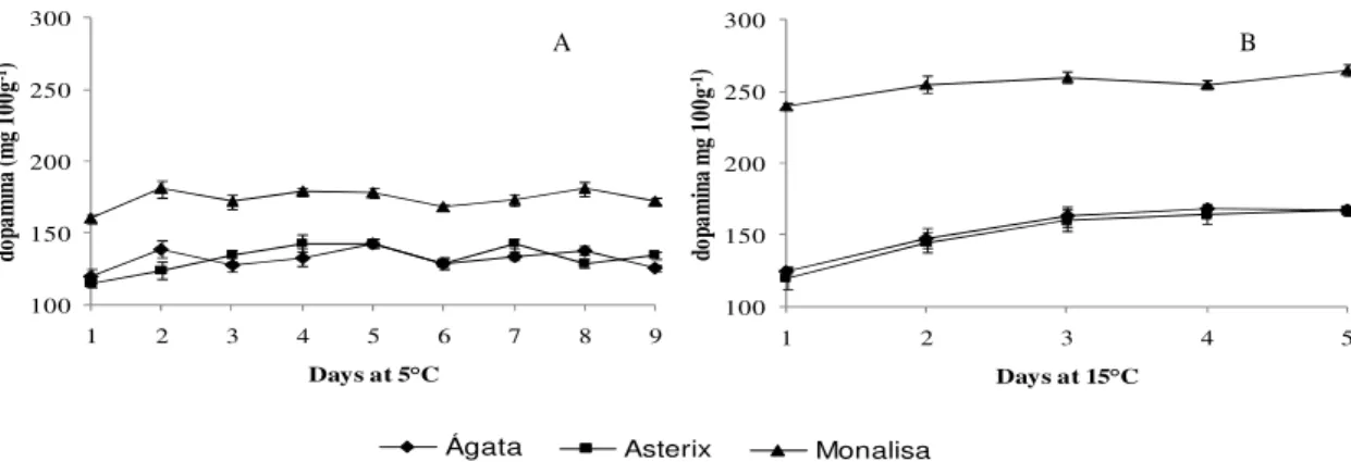 Figure 4 - Total phenol amount in different minimally processed potato cultivars stored at 5 o C (A)  and 15 o C (B)