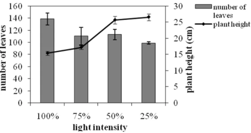 Figure 2 - The effect of light intensity on the total number of the plant leaves and the plant height
