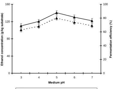 Figure  3  -  Effect  of  initial  pH  on  ethanol  concentration  and  ethanol  fermentation  efficiency  by  Trichoderma sp