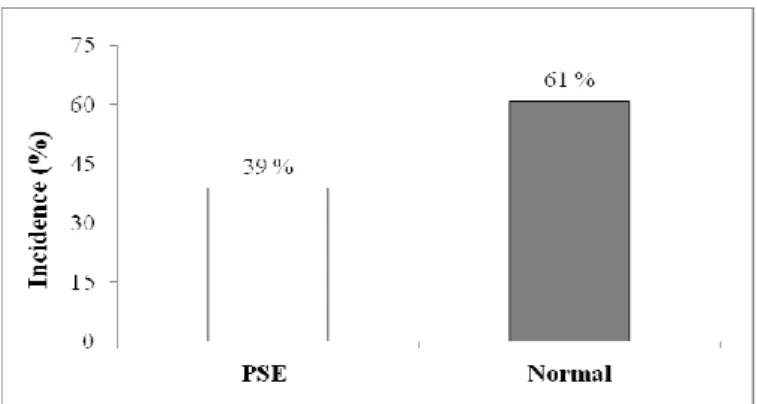 Figure 2 - The occurrence of PSE breast meat in birds exposed to blue light. 