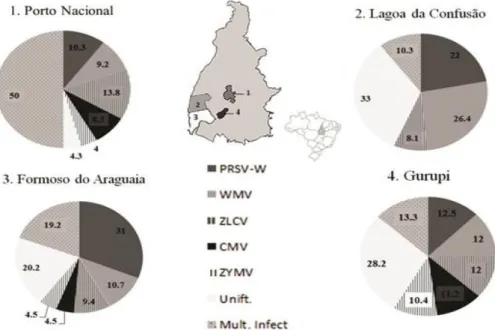Figure  1  -  Distribution  space  of  viruses  ZYMV,  CMV,  ZLCV,  PRSV-W  and  WMV  in  Tocantins  State, Brazil