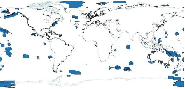 Figure  1.1  Map  showing  current  worldwide  MPAs  (blue  polygons  and  dark  coastal  contour)