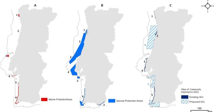 Figure 1.2 A - Current Portuguese MPAs B – Natura 2000 Special Protection Areas (SPAs) C - Existing and  proposed Natura 2000 Sites of Community Importance (SCI)
