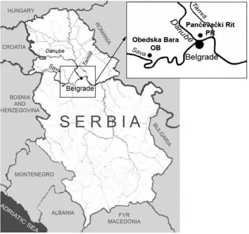 Figure  1  -  The  geographical  positions  of  the  investigated  localities,  Obedska  Bara  (OB)  and  Pančevački Rit (PR) in Serbia