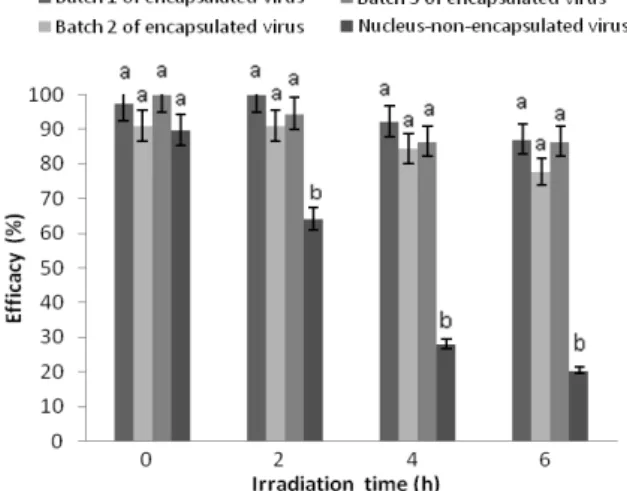 Figure 2 - Effect of the UVB radiation on the efficacy of  Spodoptera  frugiperda  nucleopolyhedrovirus  NPV003-Eudragit®S100-spray-dried 