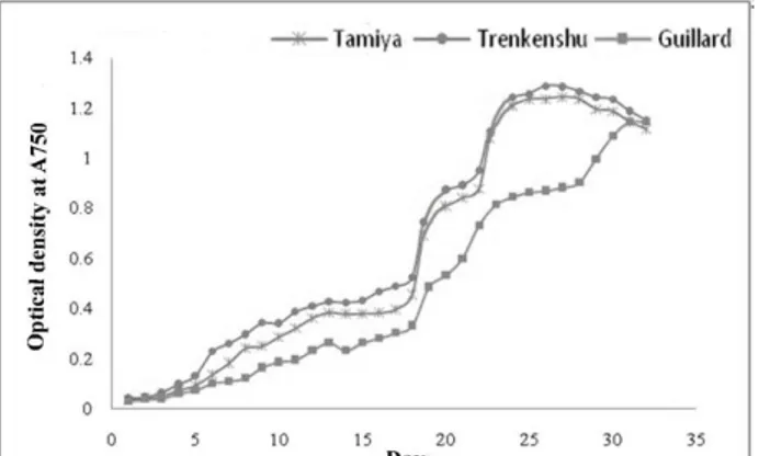 Figure 2  – Optical density dynamics of S. obliquus growth in three culture media 